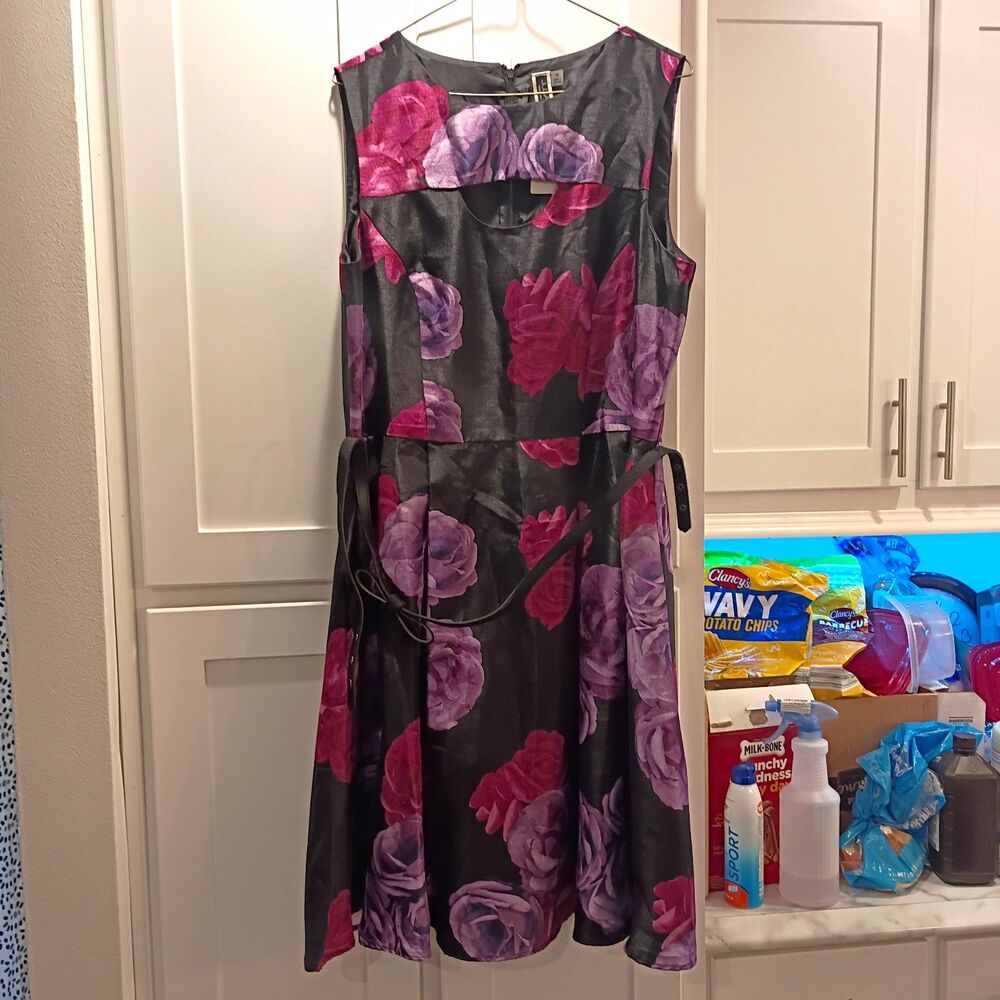 Julian Taylor Floral Satin A-Line Knee Dress 16 Black Purple Pink Belt Lined